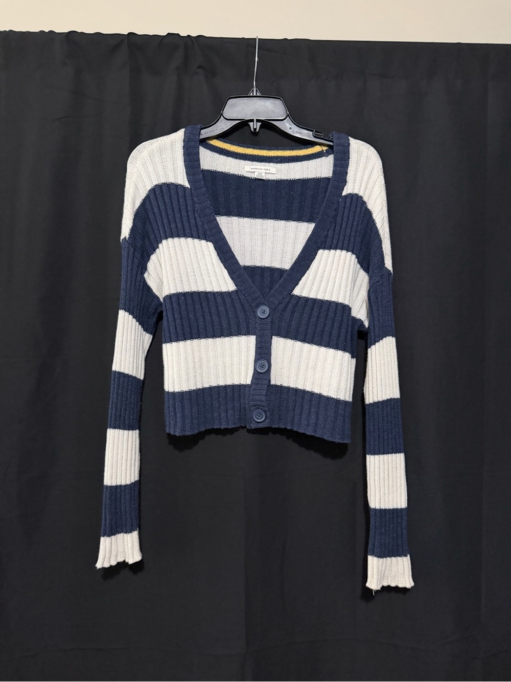 American Eagle Outfitters Navy and White Striped Cropped V-Neck Cardigan